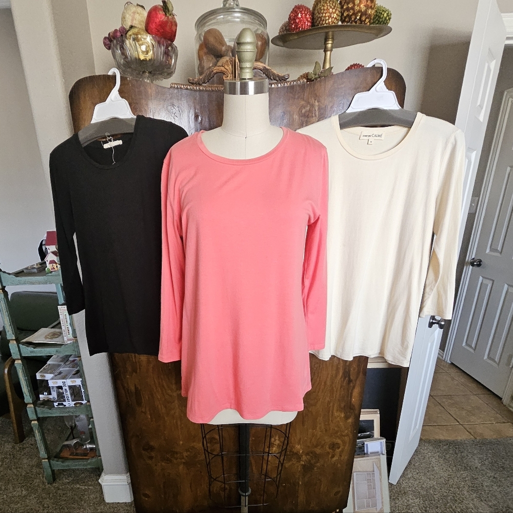Johnny Was 3 Shirt Bundle (Coral, Black And Cream) 3/4 Length Sleeve Tee
